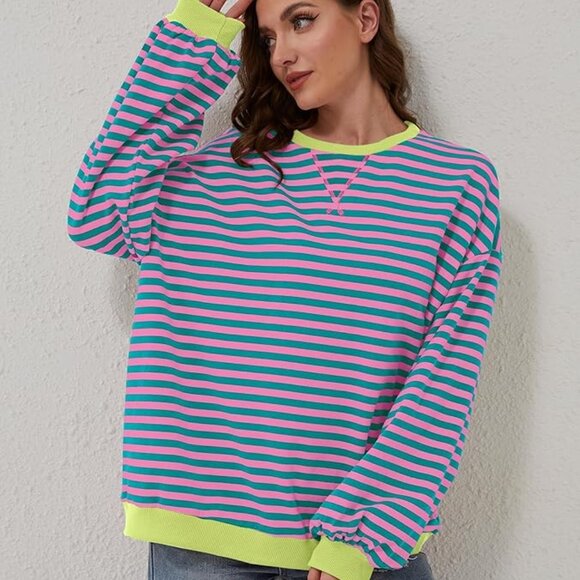 NWT Medium Striped Green and Pink Crewneck Amazon Brand Kikibell - Picture 1 of 14
